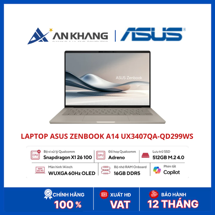 Laptop ASUS Zenbook A14 UX3407QA-QD299WS | Snapdragon X X1-26-100 | RAM 16GB | SSD 512GB NVMe | 14inch OLED WUXGA |