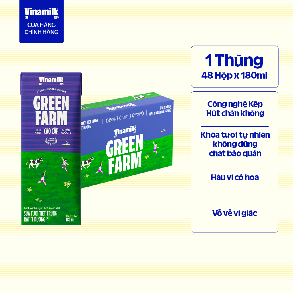 Thùng 48 Hộp Sữa Tươi Tiệt Trùng Vinamilk Green Farm Rất ít đường 180ml