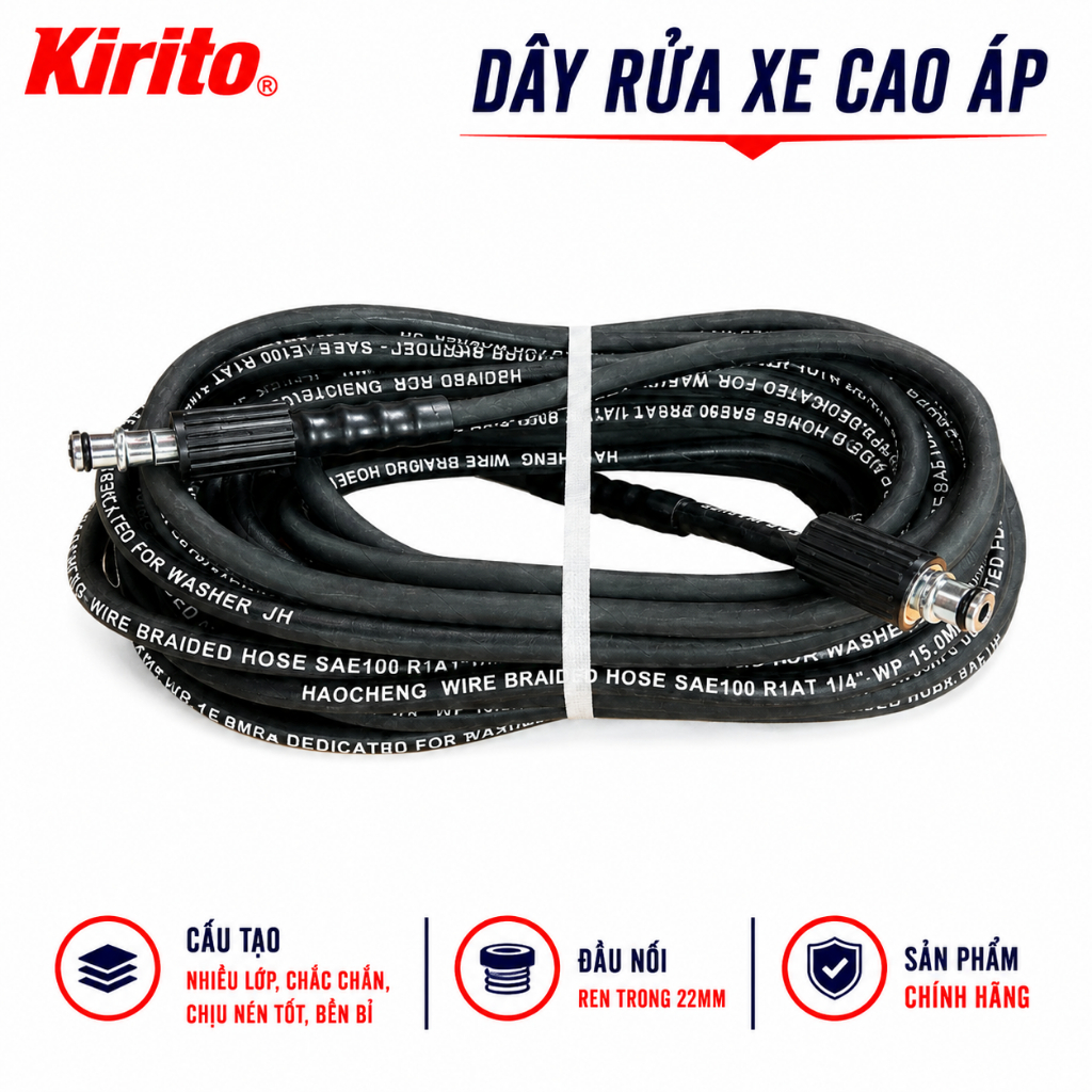 Dây Rửa Xe Lõi Thép 10m, 15m, 20m Cho Máy Rửa Xe, Máy Bơm Xịt Rửa Áp Lực Cao ( 2 Đầu Ren 22mm )