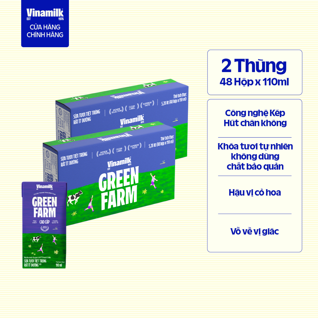Thùng 48 hộp Sữa tươi Tiệt Trùng Vinamilk Green Farm rất ít đường 110ml