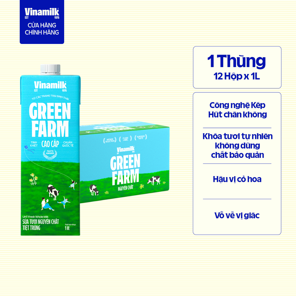 Thùng 12 hộp Sữa tươi tiệt trùng Không đường Vinamilk Green Farm – hộp 1L
