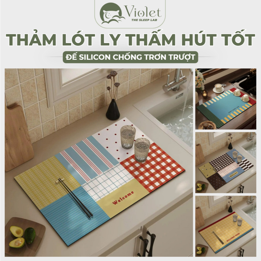Thảm Lót Ly Silicon VIOLET HOME Thấm Hút Tốt Đế Silicon Chống Trượt Họa Tiết Retro Trang Trí Nhà Cửa