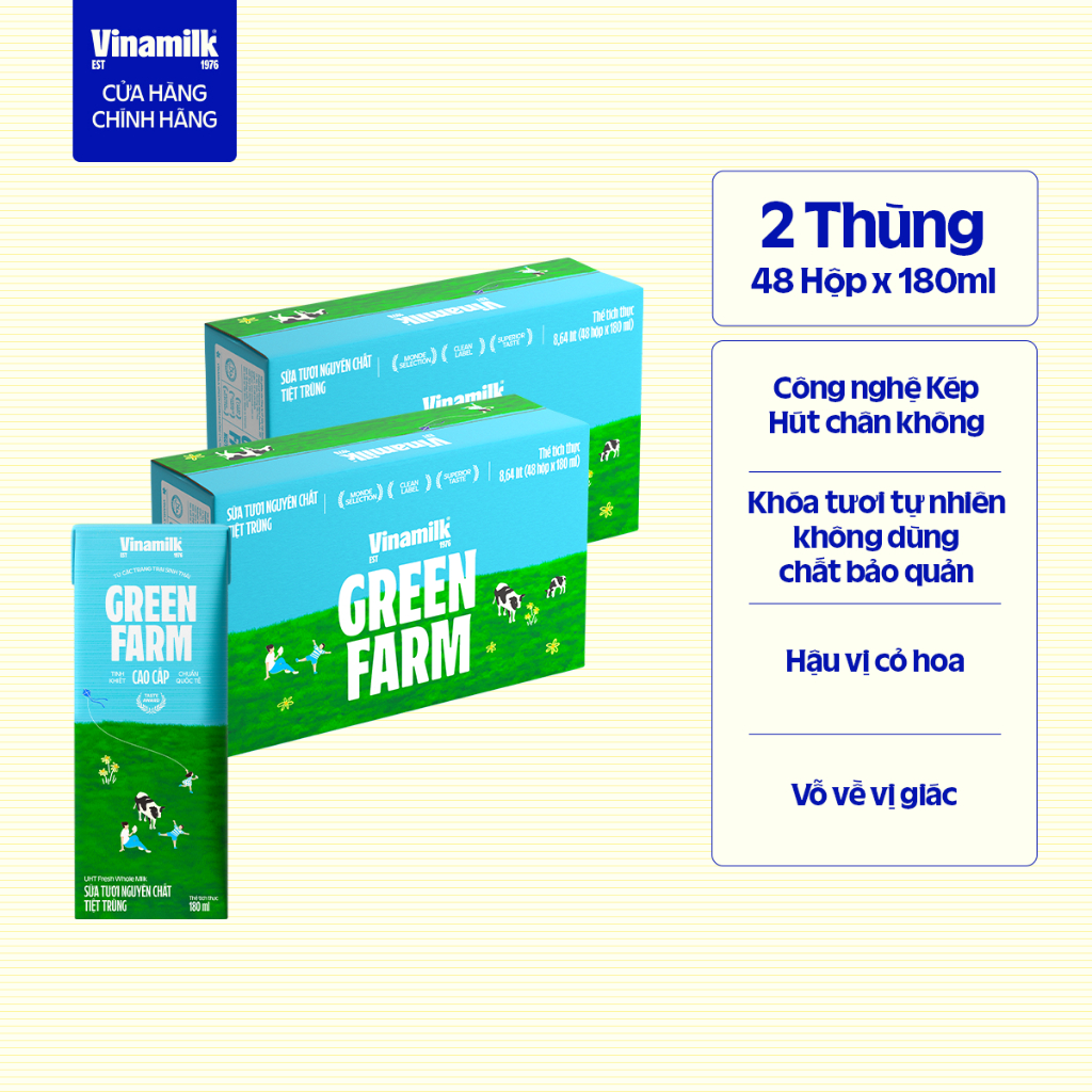 Thùng 48 hộp Sữa tươi nguyên chất tiệt trùng Green Farm 100% không đường Hộp 180ml