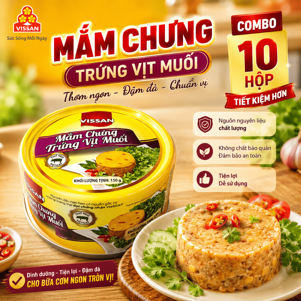 [Combo 10 Hộp] Mắm Chưng Trứng Vịt Muối Vissan 150g – Chính Hãng Date 2028, HSD 36 Tháng, Ăn Liền