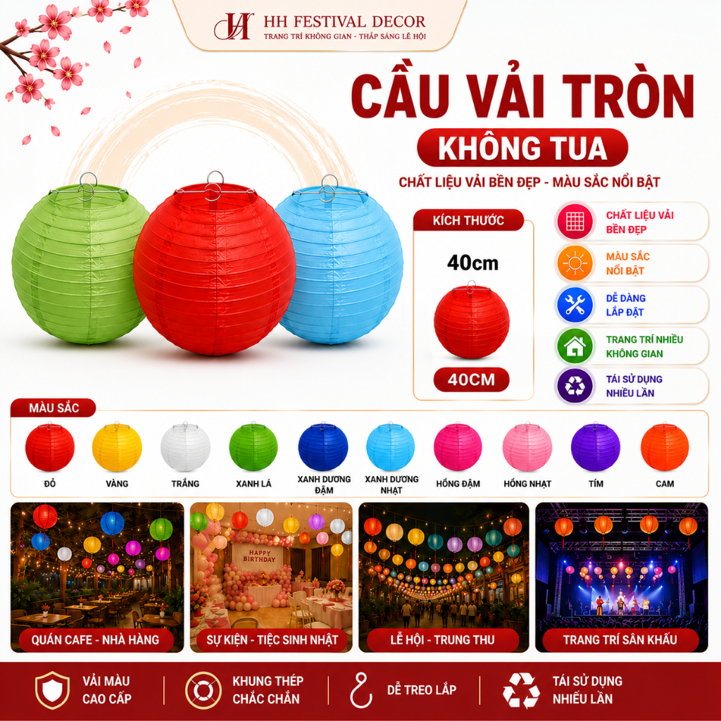 Cầu Vải Tròn Không Tua 40cm 10 Màu sắc đẹp mắt Trang Trí Tiệc Cưới, Sinh Nhật, Trung Thu, Sự Kiện