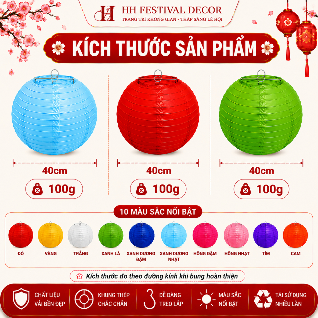 Cầu Vải Tròn Không Tua 40cm 10 Màu sắc đẹp mắt Trang Trí Tiệc Cưới, Sinh Nhật, Trung Thu, Sự Kiện