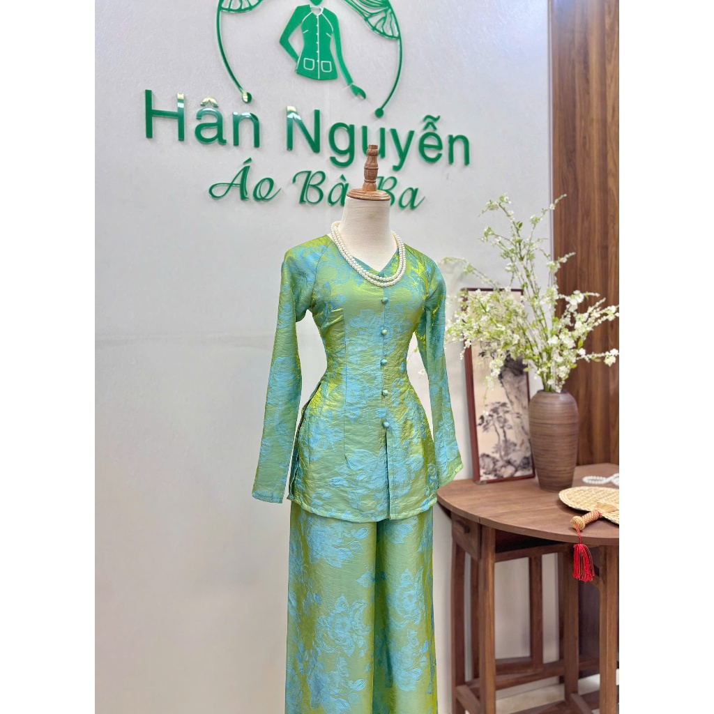 B.A207 - BÀ BA GẤM TƠ TENCEL ÁNH KIM DỆT HOẠ TIẾT SANG MỊN CỔ TIM TAY DÀI ( QUẦN CÙNG CHẤT DÂY KÉO )