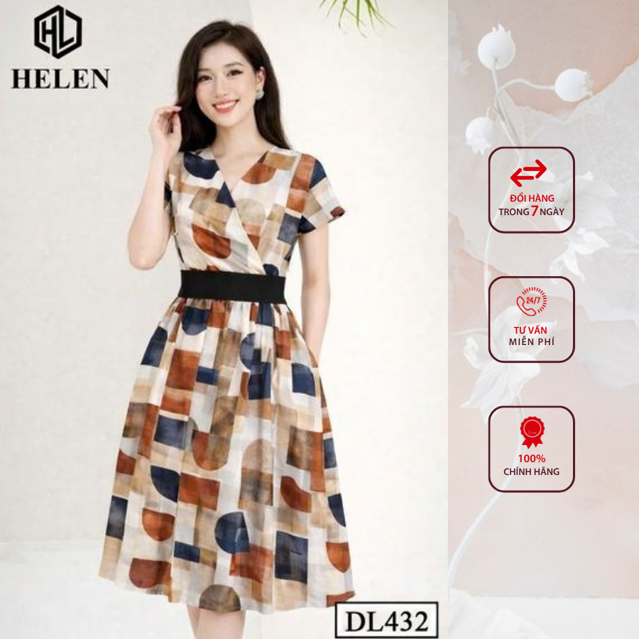 Đầm liền thân công sở HELEN thiết kế dáng xòe họa tiết khối nâu đai đen liền DL432