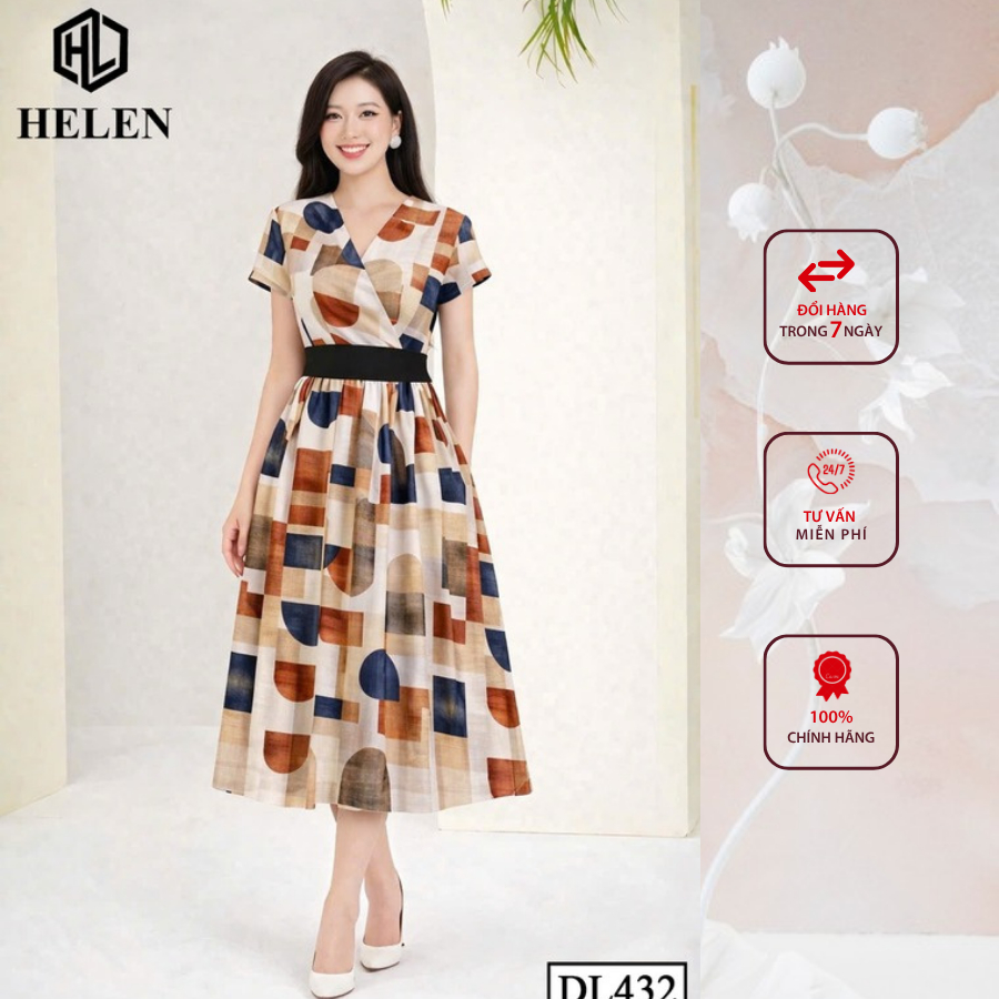 Đầm liền thân công sở HELEN thiết kế dáng xòe họa tiết khối nâu đai đen liền DL432