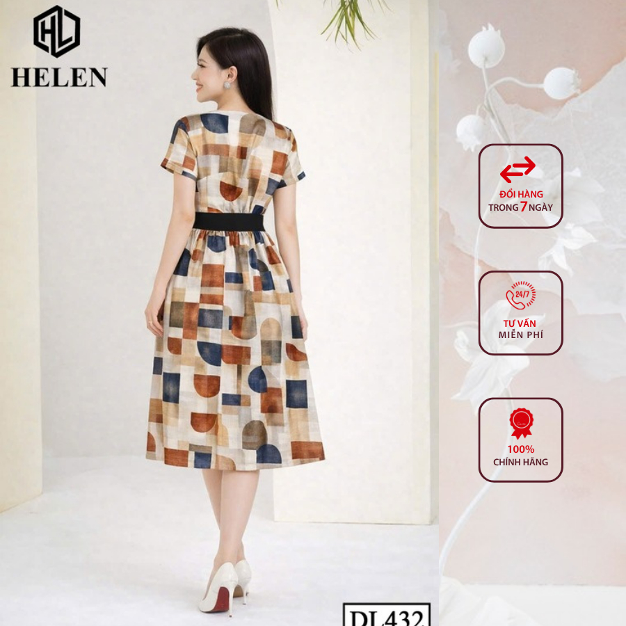 Đầm liền thân công sở HELEN thiết kế dáng xòe họa tiết khối nâu đai đen liền DL432