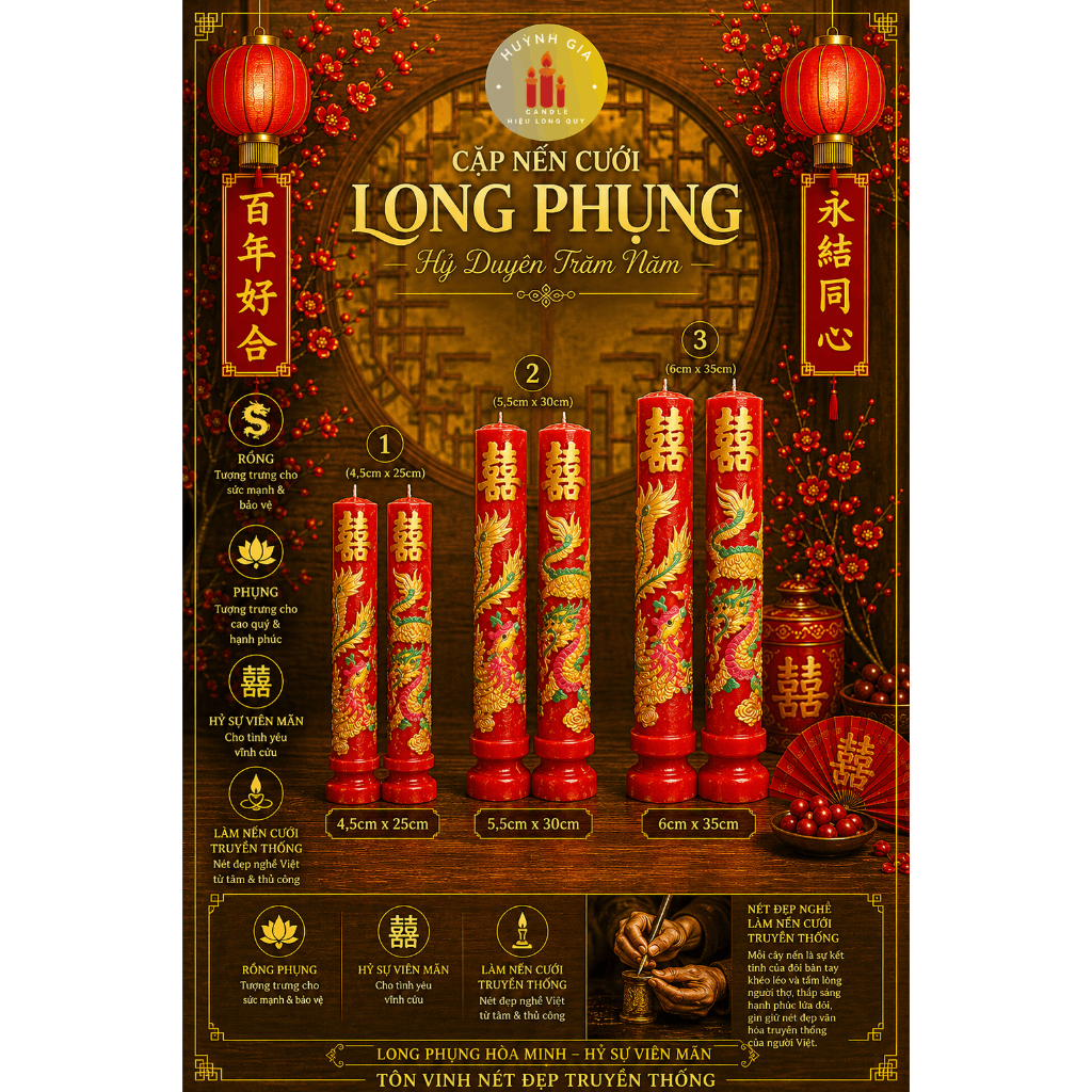 Nến Cưới SONG HỶ Cao Cấp | Đèn Cầy Cưới Long Phụng | Lễ Gia Tiên - Ăn Hỏi - Huỳnh Gia Candle