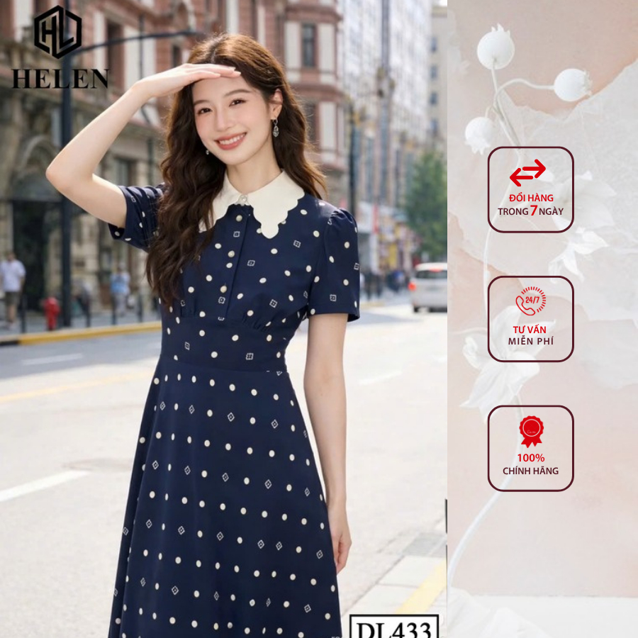Đầm liền thân công sở HELEN thiết kế dáng xòe XANH CHẤM phối cổ trắng DL433