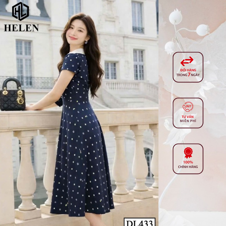 Đầm liền thân công sở HELEN thiết kế dáng xòe XANH CHẤM phối cổ trắng DL433