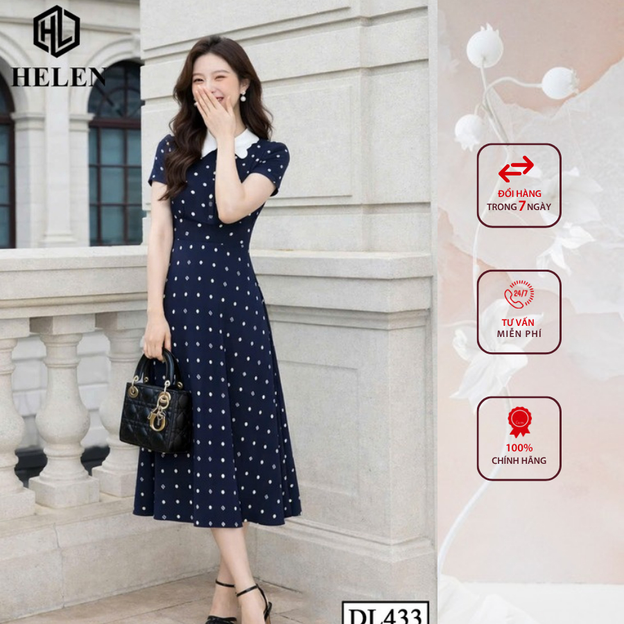 Đầm liền thân công sở HELEN thiết kế dáng xòe XANH CHẤM phối cổ trắng DL433