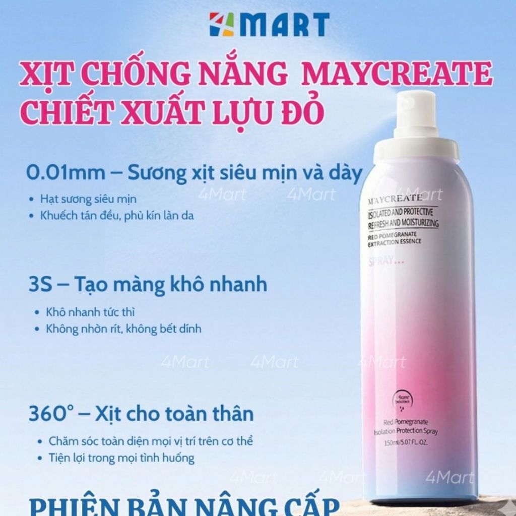 Xịt chống nắng nâng tone Maycreate Moisturizing Spray 150ml, dưỡng ẩm hỗ trợ che khuyết điểm makeup.