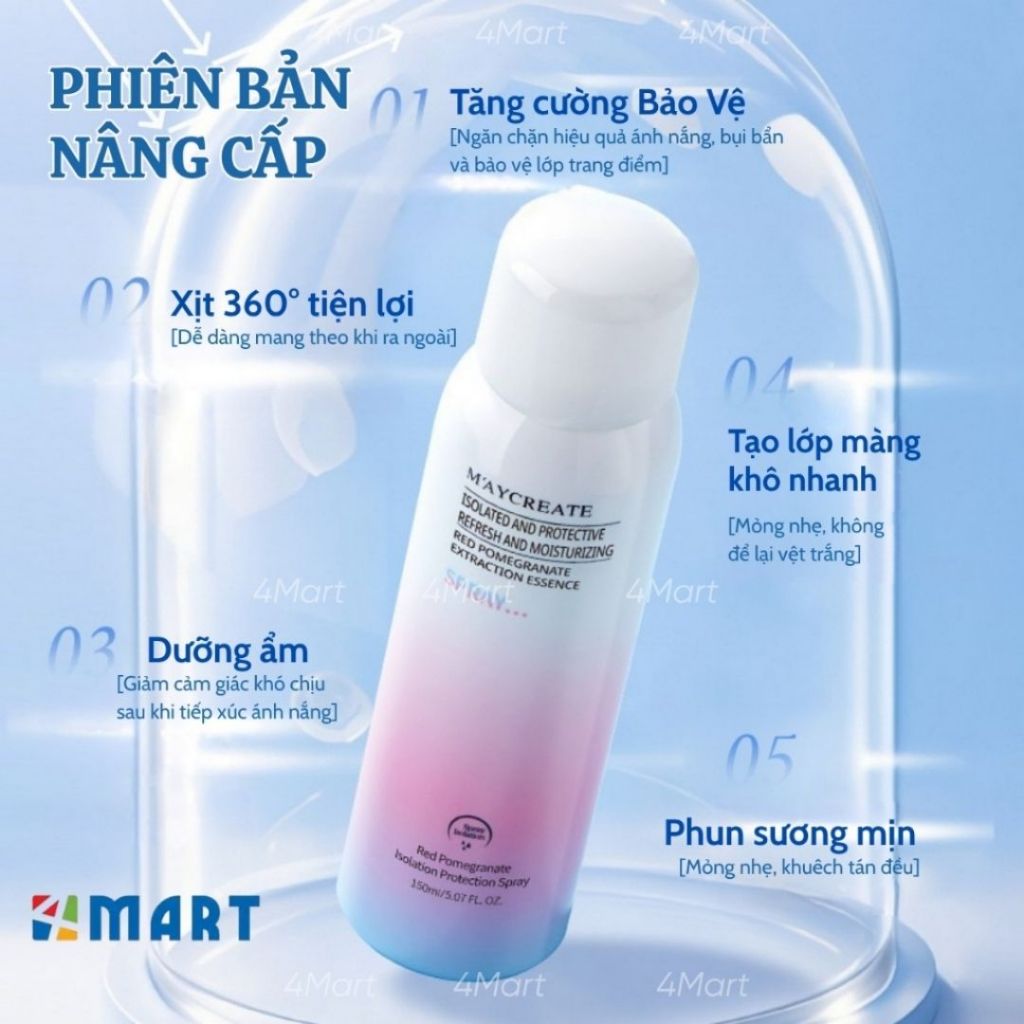 Xịt chống nắng nâng tone Maycreate Moisturizing Spray 150ml, dưỡng ẩm hỗ trợ che khuyết điểm makeup.