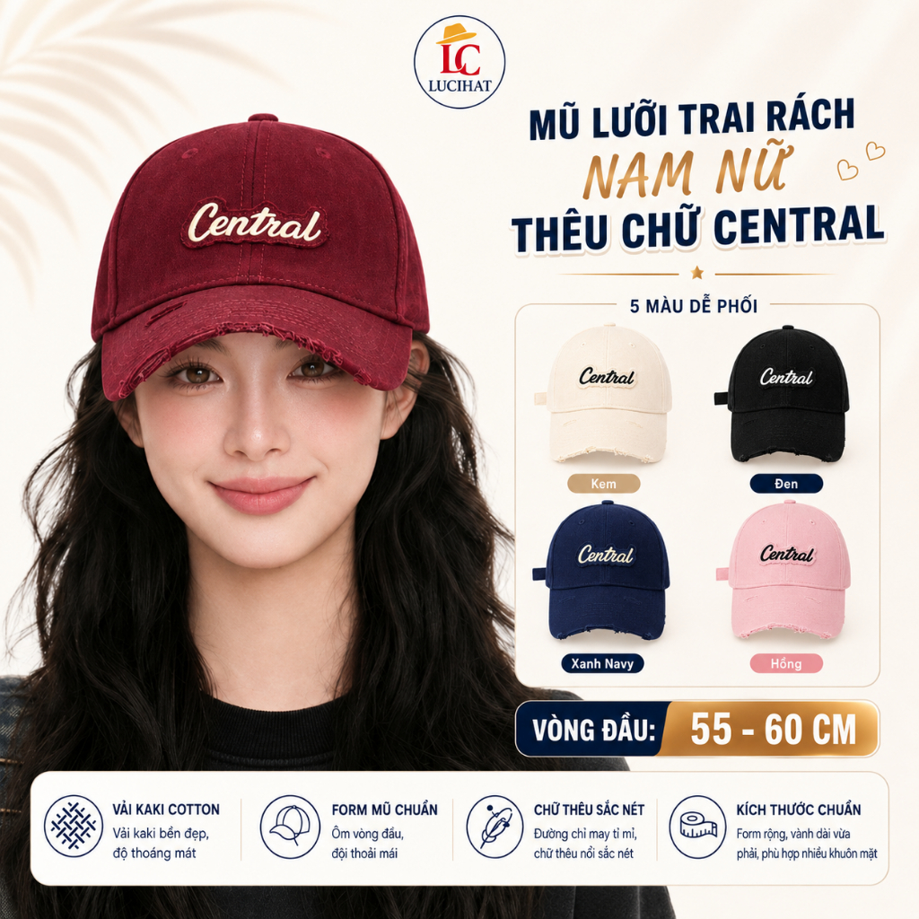 Mũ lưỡi trai thêu chữ Central thời trang, nón kết vải kaki mềm mịn, nón lưỡi trai nam nữ form cứng