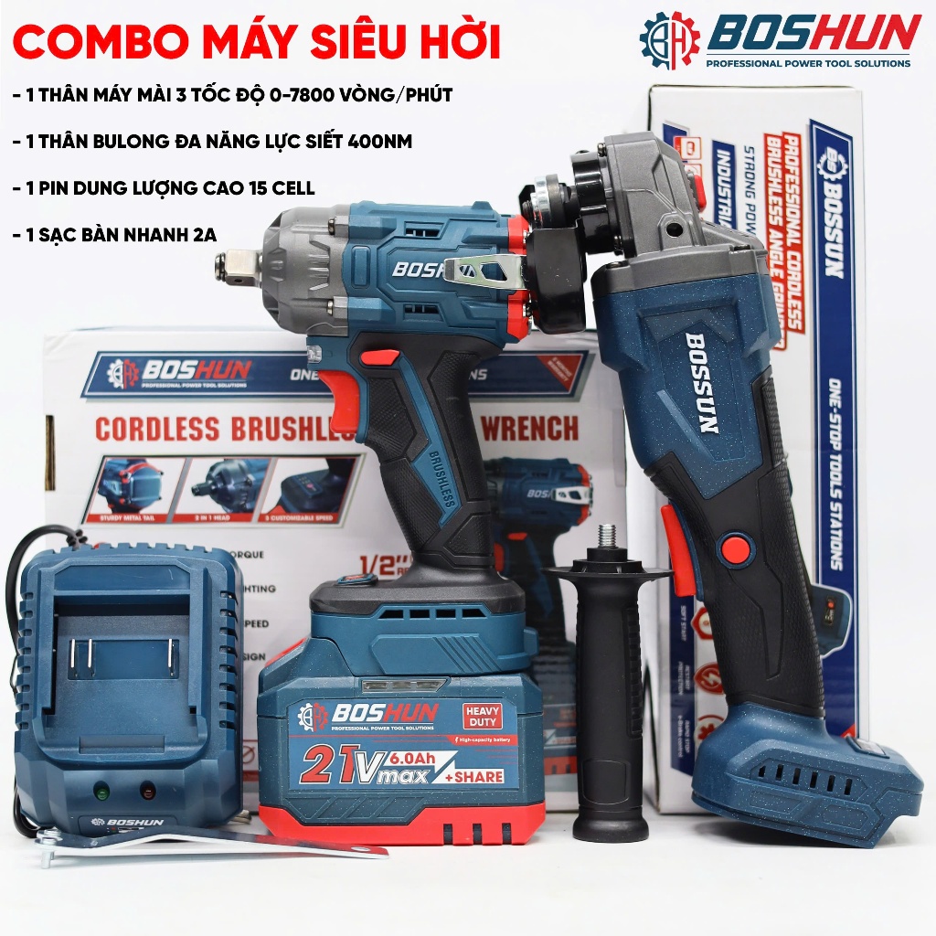 [HOT SALE] Combo máy siết bulong Boshun 400N + Thân Máy Mài 7800BL Đầu bulong 2 trong 1 Không Chổi Than Pin 15cell