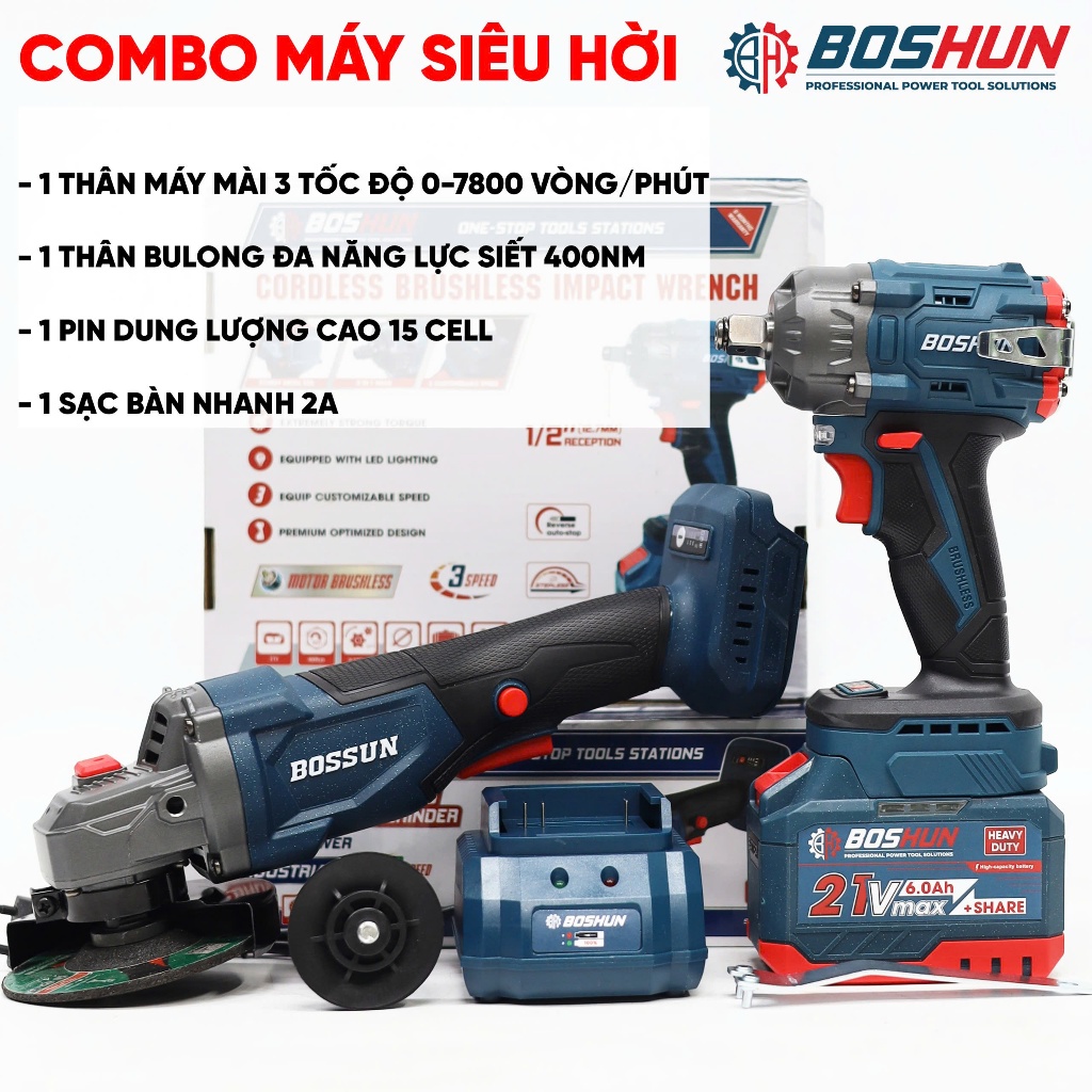 [HOT SALE] Combo máy siết bulong Boshun 400N + Thân Máy Mài 7800BL Đầu bulong 2 trong 1 Không Chổi Than Pin 15cell