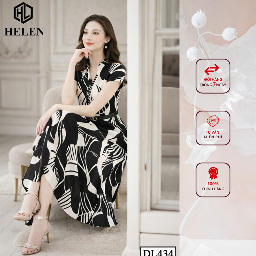 Đầm liền thân công sở HELEN thiết kế dáng xòe họa tiết đen trắng cổ tàu + kèm đai DL434