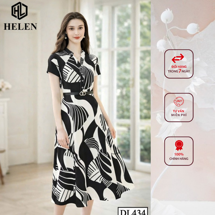 Đầm liền thân công sở HELEN thiết kế dáng xòe họa tiết đen trắng cổ tàu + kèm đai DL434