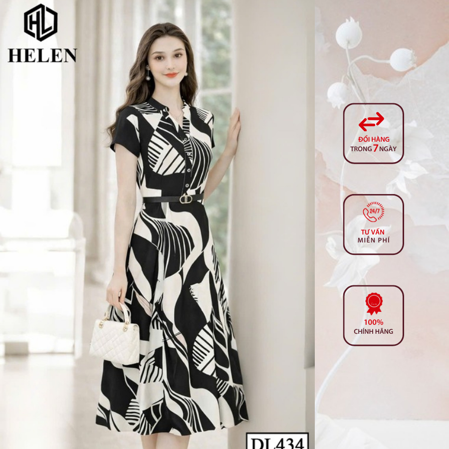 Đầm liền thân công sở HELEN thiết kế dáng xòe họa tiết đen trắng cổ tàu + kèm đai DL434
