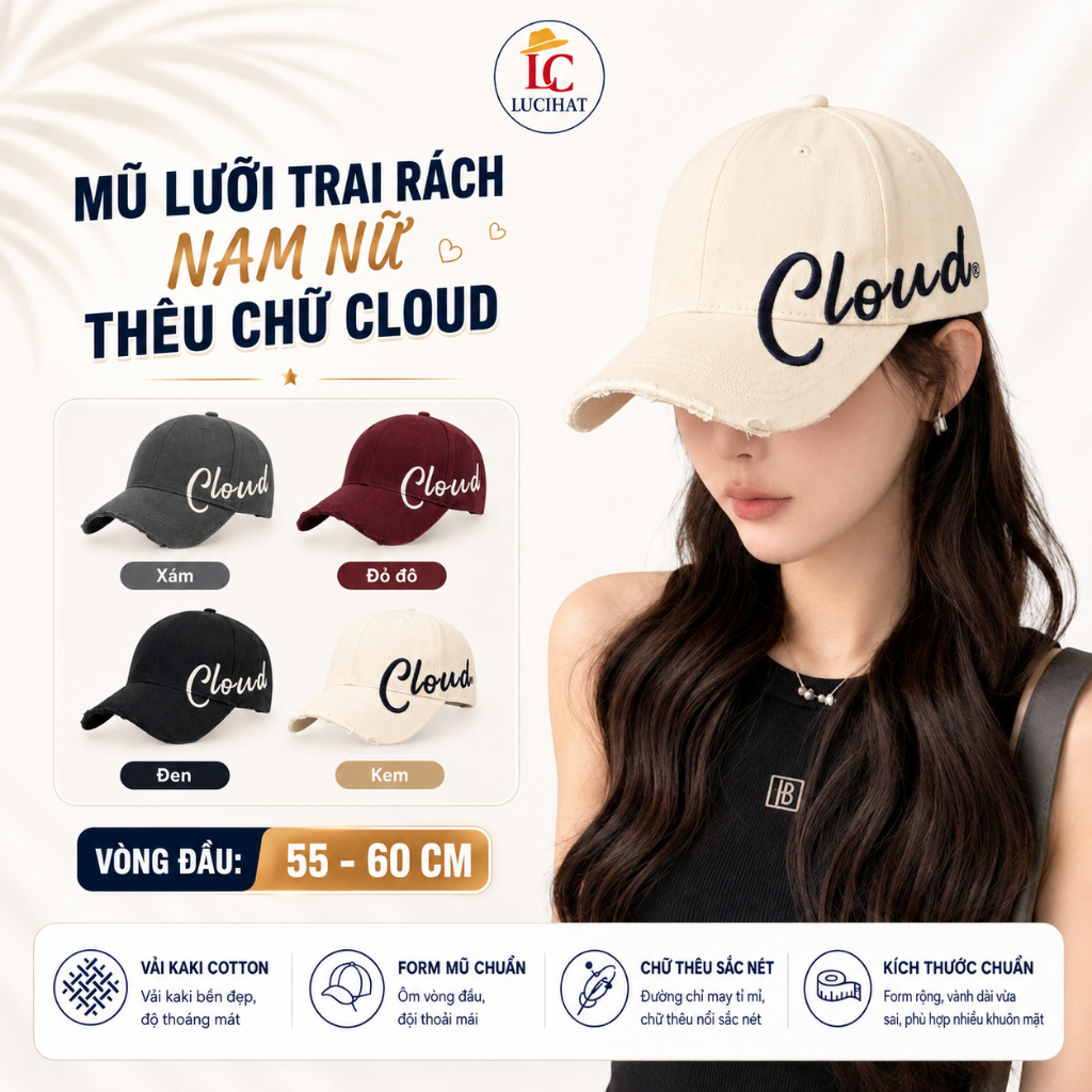 Mũ Lưỡi Trai Nam Nữ Form Cứng Chuẩn Thêu CLOUD Vintage Vải Kaki Unisex Mũ Đẹp Phối Đồ Hàn Quốc