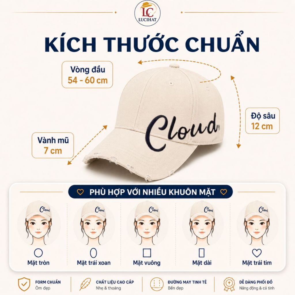 Mũ Lưỡi Trai Nam Nữ Thêu CLOUD Form Chuẩn Vải Kaki Vintage Unisex Nón Kết Thời Trang Form Sâu