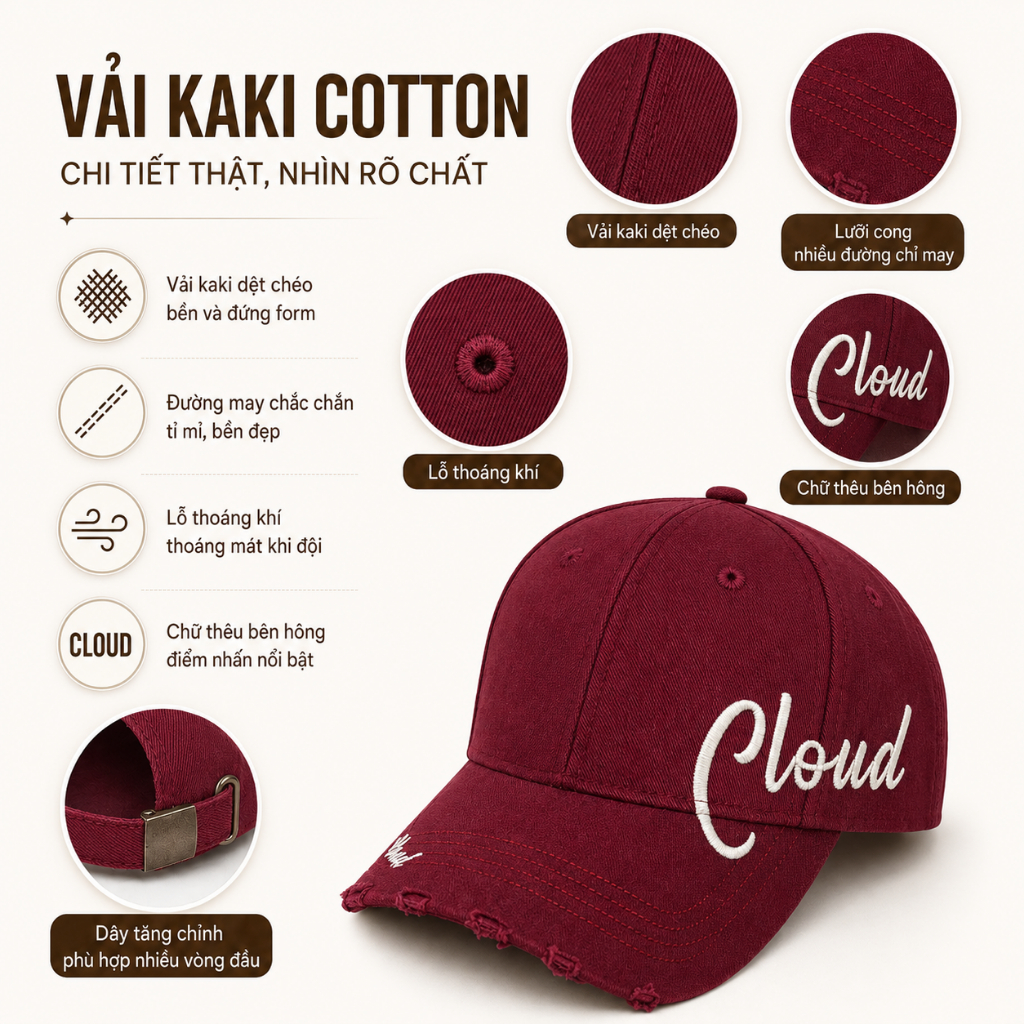 Mũ Lưỡi Trai Nam Nữ Form Cứng Chuẩn Thêu CLOUD Vintage Vải Kaki Unisex Mũ Đẹp Phối Đồ Hàn Quốc
