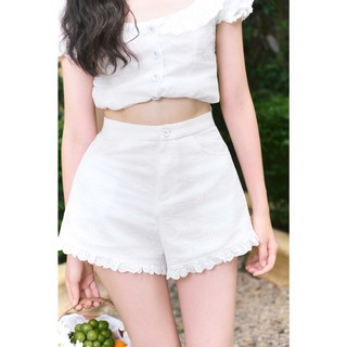 GOUT DE JUN Set Áo Tay Phồng Quần Short Chất Xô Thêu HURRI Dễ Thương Phối Viền Ren
