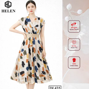 Đầm liền thân công sở HELEN thiết kế dáng xòe họa tiết vẽ phối đai nâu DL435