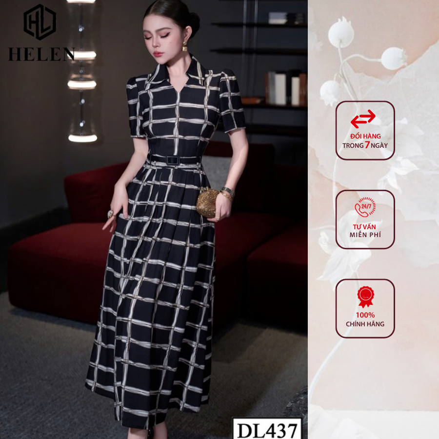 Đầm liền thân công sở HELEN thiết kế dáng xòe họa tiết xanh đen kẻ trắng DL437