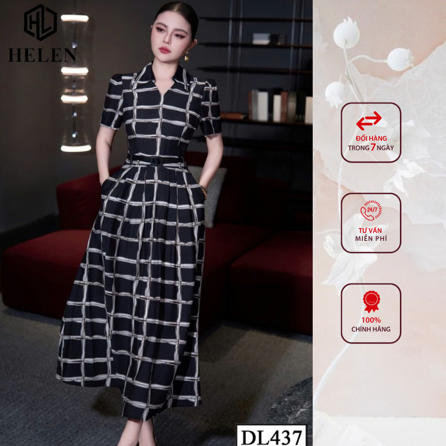 Đầm liền thân công sở HELEN thiết kế dáng xòe họa tiết xanh đen kẻ trắng DL437