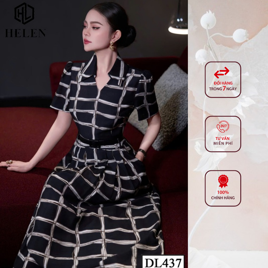 Đầm liền thân công sở HELEN thiết kế dáng xòe họa tiết xanh đen kẻ trắng DL437