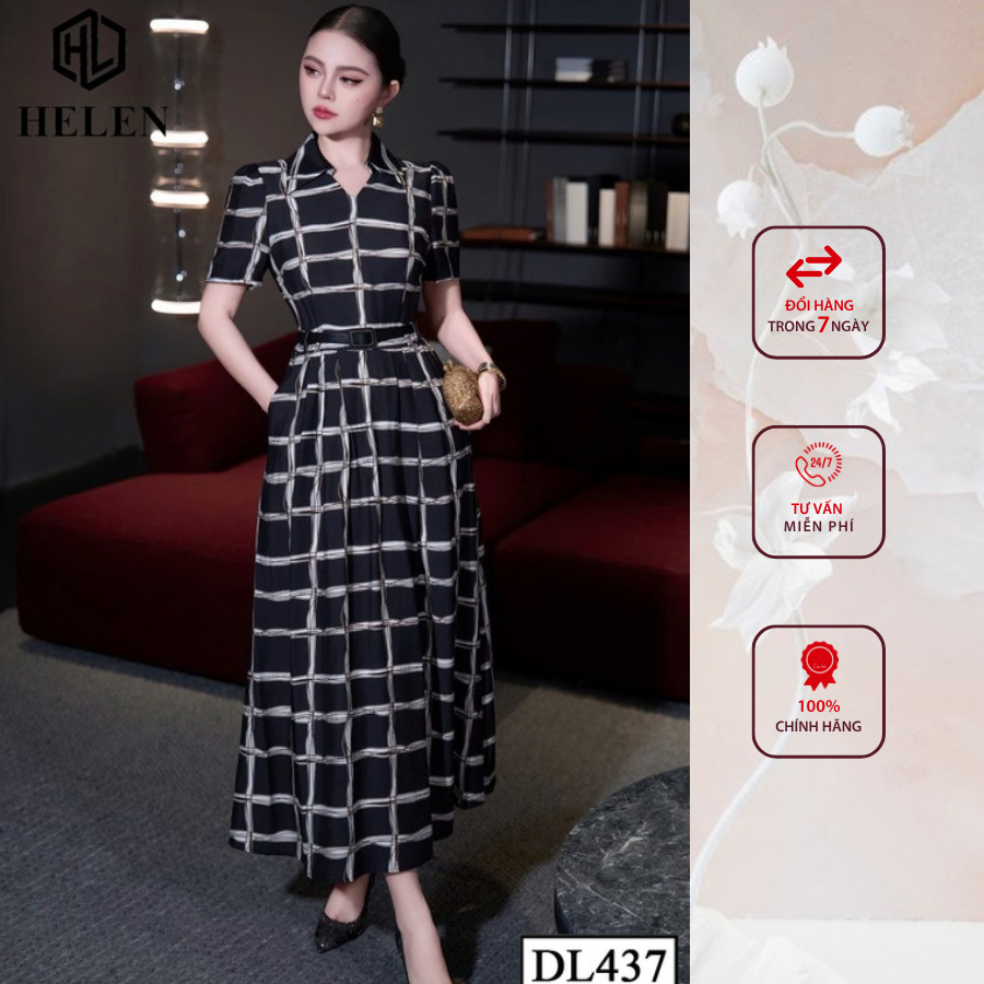 Đầm liền thân công sở HELEN thiết kế dáng xòe họa tiết xanh đen kẻ trắng DL437
