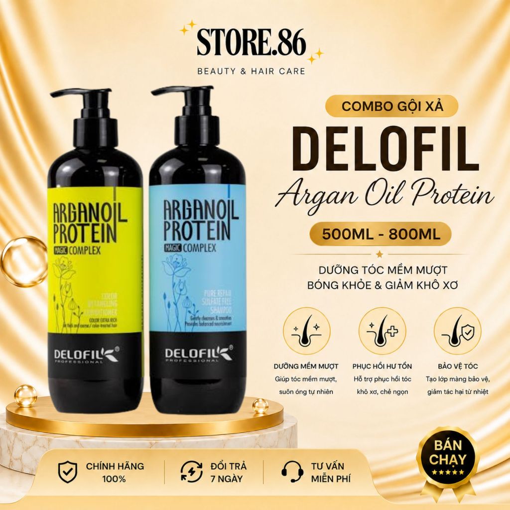 Combo Dầu Gội Xả DELOFIL Argan Oil Protein 500ml - 800ml | Argan Oil Dưỡng Tóc Mềm Mượt, Bóng Khỏe