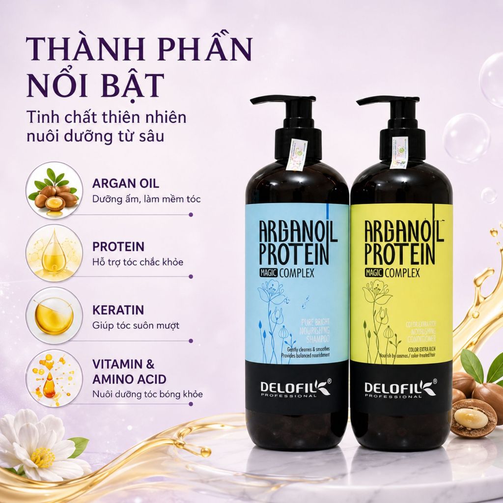 Combo Dầu Gội Xả DELOFIL Argan Oil Protein 500ml - 800ml | Argan Oil Dưỡng Tóc Mềm Mượt, Bóng Khỏe