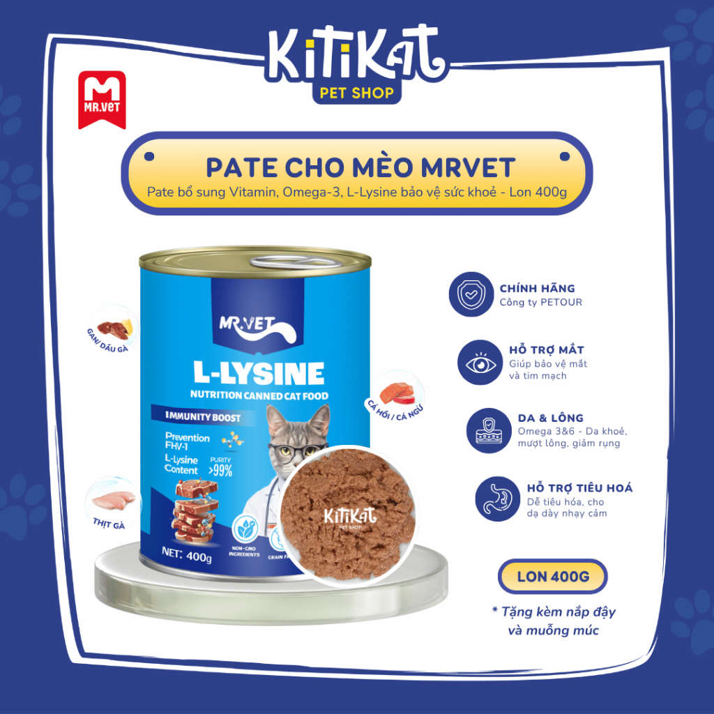 Pate Cho Mèo MRVET 400g Bổ Sung Omega-3, Vitamins, L-Lysine, Iron, DHA, Dành Cho Mèo Mọi Lứa Tuổi