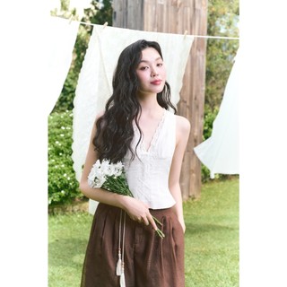 GOUT DE JUN Áo Sát Nách Nữ Cổ V Phối Ren Logant Áo Kiểu Nữ Tay Ngắn Cột Nỡ Nữ Tính GOUT DE JUN FGBA2605106