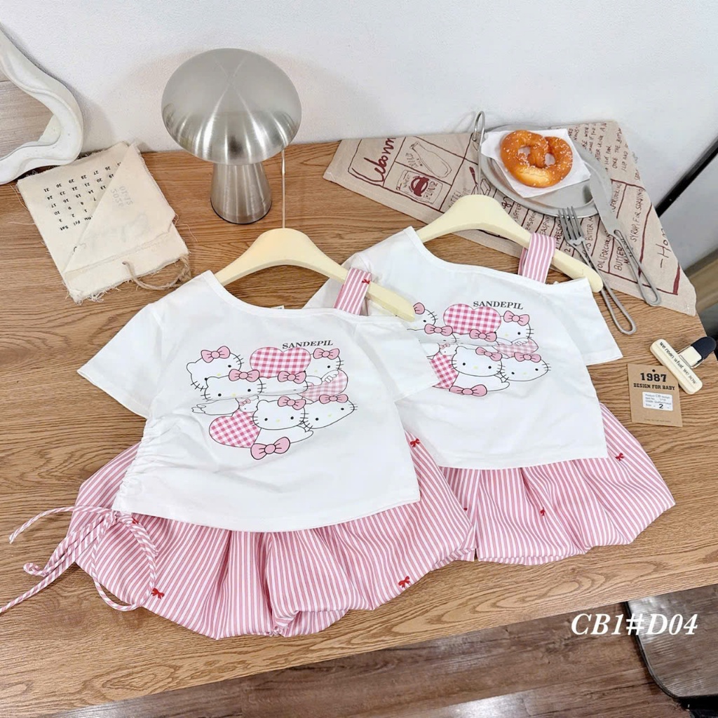 Set Bộ Đồ Hè Áo Lệch Vai Phối Váy Bí Kẻ Sọc Cho Bé Gái 10-30KG Siêu Dễ Thương BR16