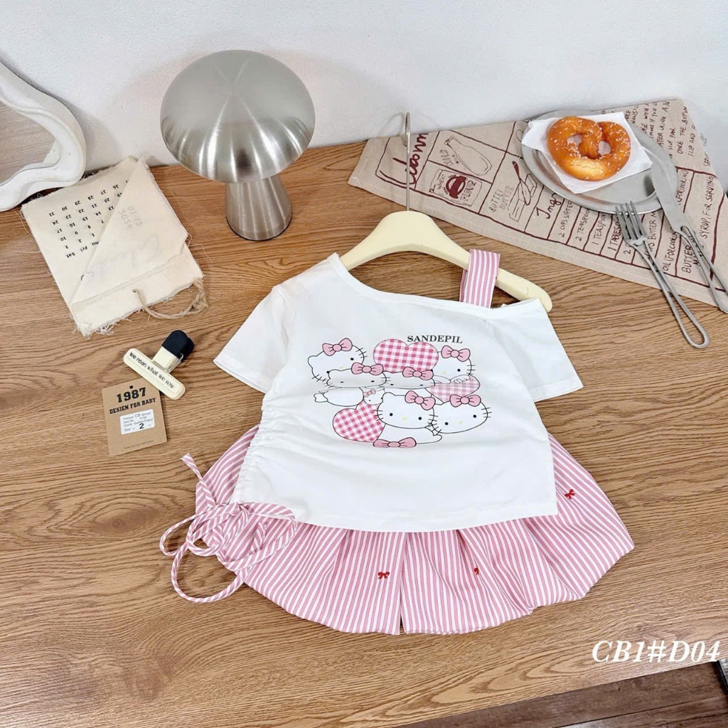 Set Bộ Đồ Hè Áo Lệch Vai Phối Váy Bí Kẻ Sọc Cho Bé Gái 10-30KG Siêu Dễ Thương BR16