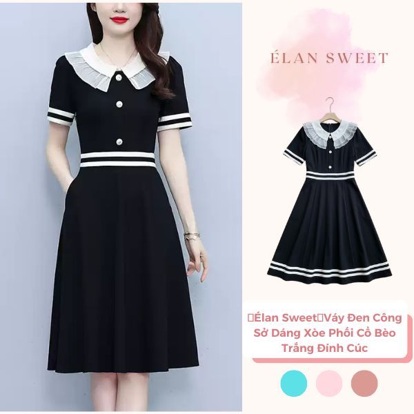 【Élan Sweet】Váy Đen Công Sở Dáng Xòe Phối Cổ Bèo Trắng Đính Cúc - Đầm Tiểu Thư Tay Ngắn Bo Eo Đi Chơi Tiệc Nhẹ