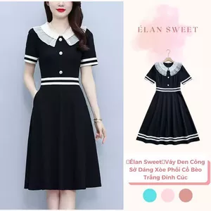 【Élan Sweet】Váy Đen Công Sở Dáng Xòe Phối Cổ Bèo Trắng Đính Cúc - Đầm Tiểu Thư Tay Ngắn Bo Eo Đi Chơi Tiệc Nhẹ