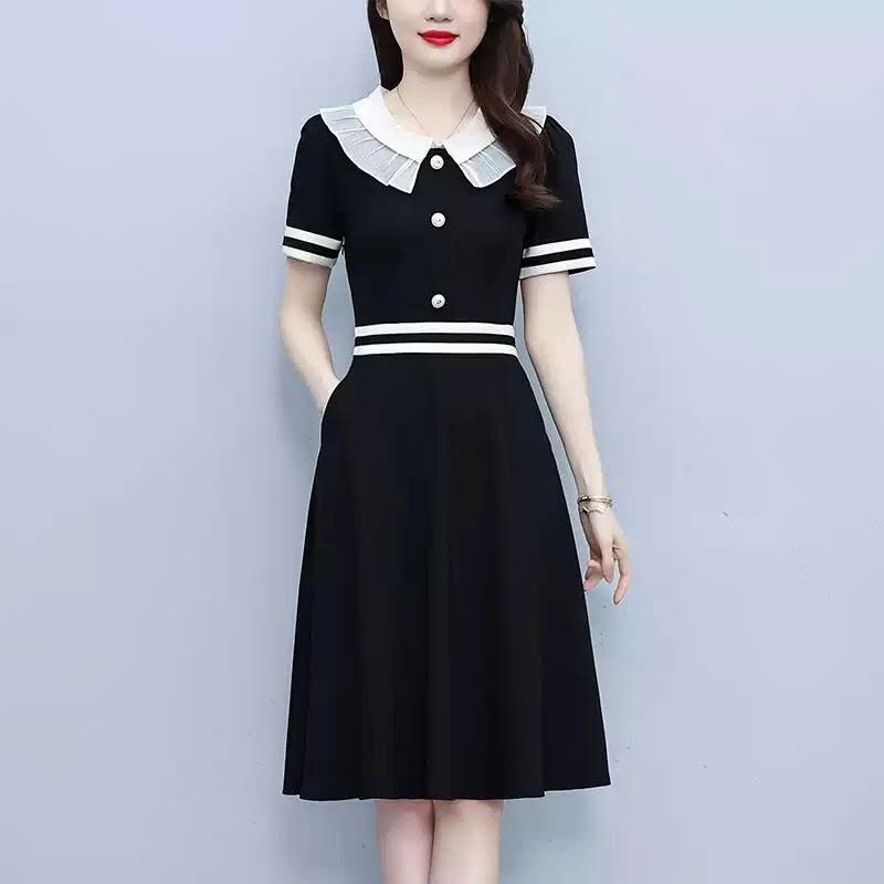 【Élan Sweet】Váy Đen Công Sở Dáng Xòe Phối Cổ Bèo Trắng Đính Cúc - Đầm Tiểu Thư Tay Ngắn Bo Eo Đi Chơi Tiệc Nhẹ