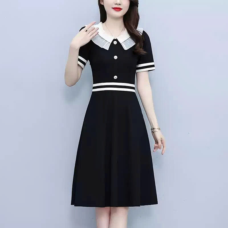 【Élan Sweet】Váy Đen Công Sở Dáng Xòe Phối Cổ Bèo Trắng Đính Cúc - Đầm Tiểu Thư Tay Ngắn Bo Eo Đi Chơi Tiệc Nhẹ