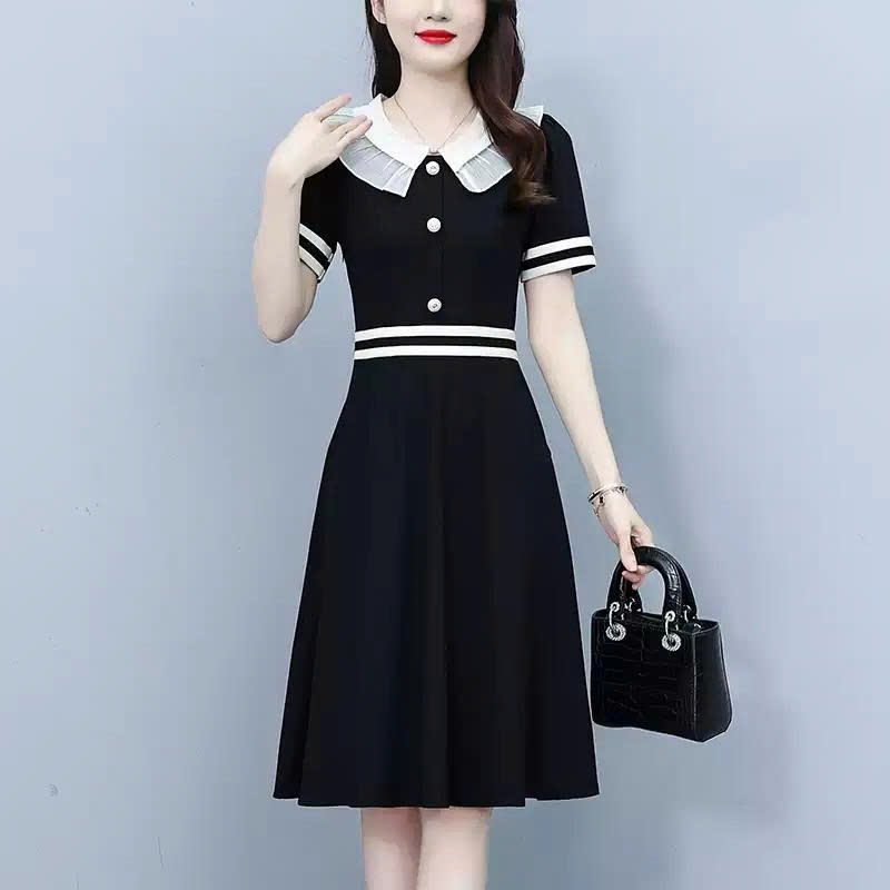 【Élan Sweet】Váy Đen Công Sở Dáng Xòe Phối Cổ Bèo Trắng Đính Cúc - Đầm Tiểu Thư Tay Ngắn Bo Eo Đi Chơi Tiệc Nhẹ