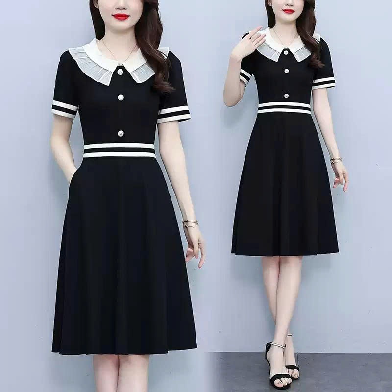 【Élan Sweet】Váy Đen Công Sở Dáng Xòe Phối Cổ Bèo Trắng Đính Cúc - Đầm Tiểu Thư Tay Ngắn Bo Eo Đi Chơi Tiệc Nhẹ