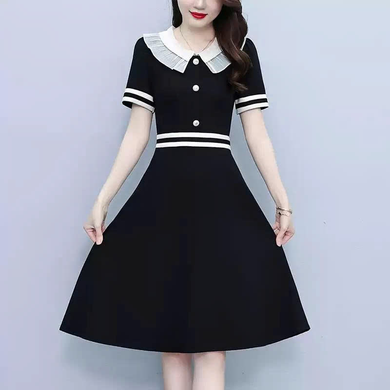 【Élan Sweet】Váy Đen Công Sở Dáng Xòe Phối Cổ Bèo Trắng Đính Cúc - Đầm Tiểu Thư Tay Ngắn Bo Eo Đi Chơi Tiệc Nhẹ