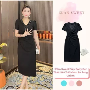 【Élan Sweet】 Váy Body Đen Thiết Kế Cổ V Nhún Eo Sang Chảnh - Đầm Dự Tiệc Cưới Dáng Dài Cao Cấp Đính Đá Lấp Lánh