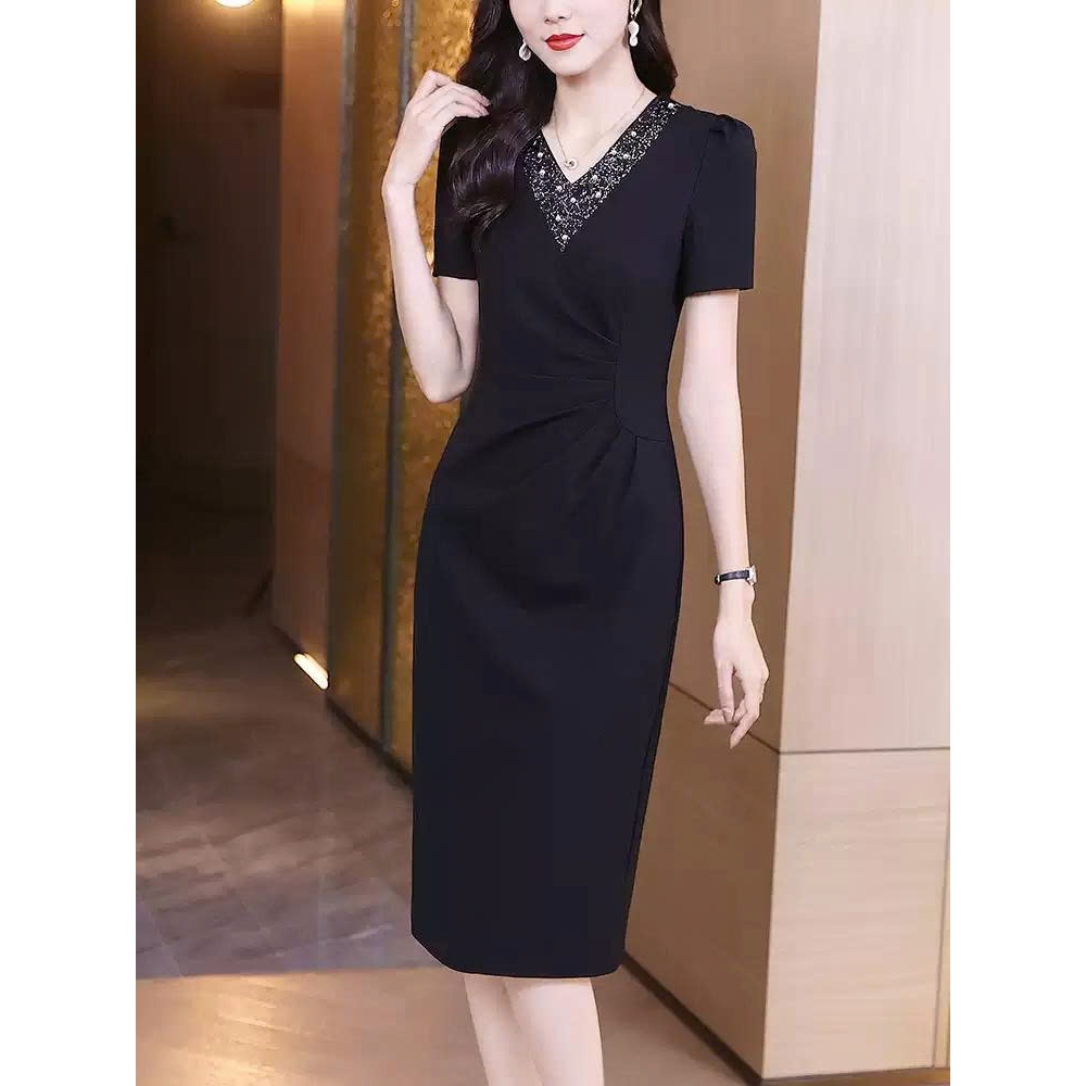 【Élan Sweet】 Váy Body Đen Thiết Kế Cổ V Nhún Eo Sang Chảnh - Đầm Dự Tiệc Cưới Dáng Dài Cao Cấp Đính Đá Lấp Lánh